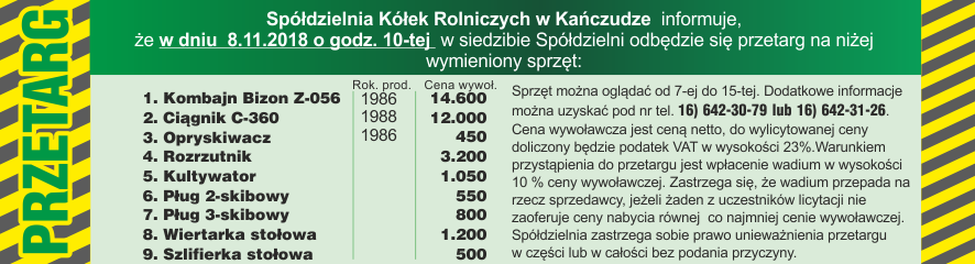 Anonse -  PRZETARG spdzielnia Kek Rolniczych w Kaczudze  informuje,
e w dn - SPӣDZIELNIA KӣEK ROLNICZYCH W KACZUDZE