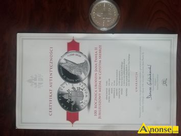 Anonse MEDAL, Sprzedam medal srebrny z Jan Pawe II +certyfika stan bardzo dobry, c. do 60z. KIELCE