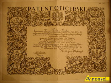 Anonse PATENT OFICERSKI, PATENT OFICERSKI, STOPIE KAPITANA, PODPISANY J. PISUDSKI, DATA 1932R., W TUBIE, stan bardzo dobry, c.10.500z do uzg.. L