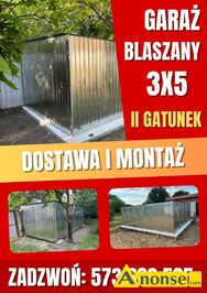 Anonse Gara blaszany 3x5, Gara blaszany 3×5 m, II gatunku, z dachem jednospadowym i bram dwuskrzydow. Blacha ocynk, konstrukcja z ktownika 4