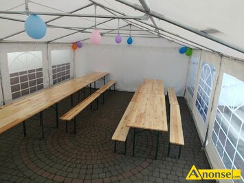 Anonse NAMIOT I ZESTAWY BIESIADNE, kolor sosnowy, Zestaw biesiadny ( stół + 2 ławki ), długość stołu i ławek - 2,2 m, szerokość stołu 70 cm, szerok