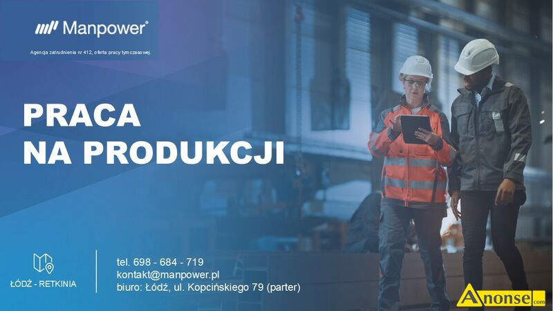 Praca  na produkcji, umowa na czas okre�lony, dyspozycyjno�� opis dodatkowy: Agencja Pracy Tymczasowej Manpower (cert. 412) dla jednego ze swoich Klient�w poszukuje os�b ch�tnych do pracy. Praca na produkcji Miejsce pracy ��d� - Retkinia Obs�uga maszyn produkcyjnych, uzupe�nianie komponent�w (elementy plastikowe, elementy sypkie, naklejki), pakowanie i wzrokowa kontrola produktu, prace oko�oprodukcyjne (dbanie o porz�dek na stanowisku pracy, odk�adanie wyprodukowanych element�w w miejsca odk�adcze), obs�uga komputera. Dok�adno�� i spostrzegawczo��, d�wiganie r�czne w granicach norm BHP, mile widziane zdolno�ci manualne potwierdzone prac� na produkcji. Stawka podstawowa 4806z� brutto, dofinansowanie do pracy w systemie grafikowym 700z� brutto, umowa o prac� tymczasow� na pe�en etat, praca w systemie grafikowym 3 zmianowym po 8 godzin, dofinansowanie do sto��wki pracowniczej 230z� brutto co miesi�c. Osoby zainteresowane prosimy o przesy�anie CV w odpowiedzi na og�oszenie lub zg�oszenie osobiste w biurze Manpower w �odzi ul. Kopci�skiego 79, wej�cie C parter. Zapraszamy,  pn-pt, w godz.8-16.
