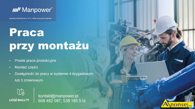 Praca  przy monta�u, umowa na czas okre�lony, dyspozycyjno��, do�wiadczenie opis dodatkowy: Praca przy Monta�u  Miejsce pracy ��d� -Ba�uty Zatrudnienie w oparciu o umow� o prac� tymczasow� na pe�ny etat, wynagrodzenie podstawowe 5000z�  brutto + wysoki dodatek za 4 brygady- 1018 z�, premia produkcyjna  do 800z� brutto, premi� roczn� do 10% rocznego wynagrodzenia brutto, 80% wi�cej za prac� w niedziele zaplanowane w harmonogramie, podw�jny dodatek za prac� w porze nocnej (40%),dodatek- 200% za prac� w niedziele poza grafikiem w nadgodzinach, mo�liwo�� podnoszenia kwalifikacji dzi�ki pakietowi szkole�, Pakiet ManpowerGroup- prywatna opieka medyczna, ubezpieczenie na �ycie, karta Multisport. 
Monta� transformator�w zgodne z instrukcj�, obs�uga maszyn i elektronarz�dzi, realizacja okre�lonych zada� na samodzielnych stanowiskach monta�owych. Do�wiadczenie w pracy na produkcji i ch�� podnoszenia kwalifikacji, dyspozycyjno�� do pracy w systemie 4-brygadowym. Konsultant sylwia.jankowska@manpower.pl tel.  608 482 087 lub  538 185 516 Manpower (Agencja Pracy Tymczasowej cert. nr 412). 