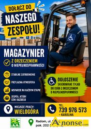 Anonse PRACOWNIK, umowa na czas nieokre�lony, osoba niepe�nosprawna, Poszukiwana osoba na stanowisko magazyniera z orzeczeniem o niepe�nosprawno�ci