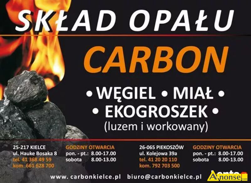 W�GIEL  opis dodatkowy: POSIADAMY W�GLE NAJLEPSZEJ JAKO��I

-Ekogroszek, Groszek PLUS 28MJ/kg worek 25kg POLSKI
-PELET DRZEWNY Pellet OLCZYK-16MJ/15KG workowany
Specyfikacja pakowania
-ORYGINALNE worki 25 kg z mikrowentylacj�
-40 work�w na palecie = 1000 kg
-towar umieszczony na palecie o wymiarach 120x100 cm lub 120x80 cm
-ca�o�� zabezpieczona foli� stretch

SPOS�B DOSTAWY
1. WYSY�KA FIRM� KURIERSK�
-40 work�w po 25 kg cena do uzgodnienia po kontakcie telefonicznym
-1 worka 25 kg cena do uzgodnienia po kontakcie telefonicznym
Na terenie ca�ego wojew�dztwa �wi�tokrzyskiego dostawa naszym transportem-koszt transportu ustalany indywidualnie z klientem.
Kupujesz jedn� palet� o wadze 1000 kg jest to jedna sztuka.

Je�eli zdecyduj� si� Pa�stwo na zakup towaru w zwi�zku z prowadzon� przez siebie dzia�alno�ci� gospodarcz� i nie s� Pa�stwo obj�ci zwolnieniem z obowi�zku akcyzowego to konieczna b�dzie dop�ata akcyzy w wysoko�ci 40,39 z� brutto do ka�dej tony.
Posiadamy r�wnie� w sprzeda�y
- ekogroszek workowany/luz
- w�giel workowany/luz
- pellet OLCZYK
- pellet TRAK GARBATKA
- Pellet HOLZPELLET
-Drewno D�b, Buk
