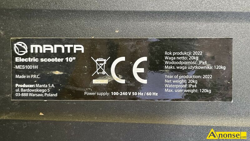 Hulajnoga  elektryczna 2w1 Manta,opis dodatkowy: Sprzedam hulajnog elektryczn marki Manta MES1001 - image 0 - anonse.com
