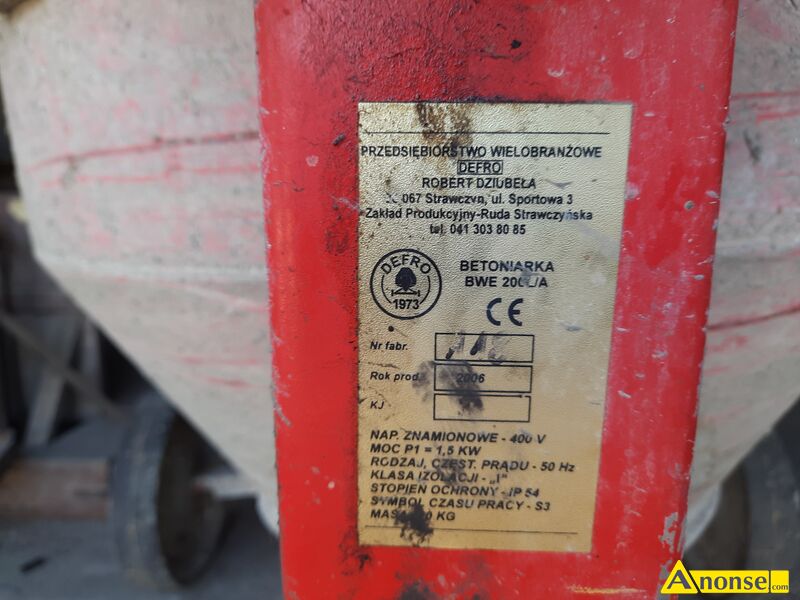 betoniarka ,opis dodatkowy: Betoniarka Defro pojemno 200l silnik 3 fazowy 1.1kw,stan przedmiotu t - image 0 - anonse.com